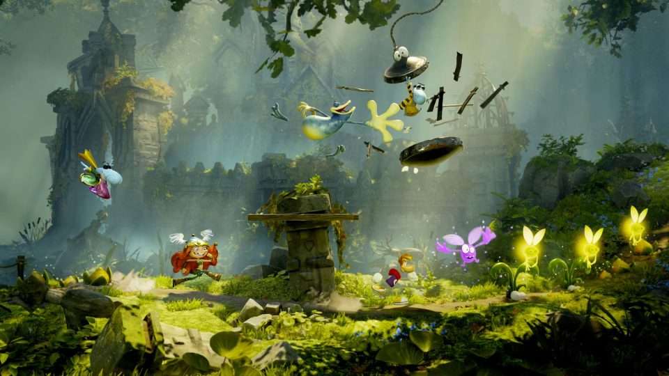 Rayman and his colorful friends working together in 4-Player Co-Op.