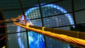Sonic speed through Tropical Resort, with an Earth blue as him in the background.