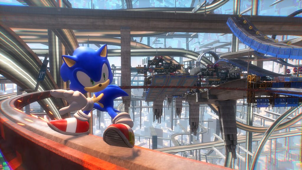 Sonic rail grinding in the 'City' Cyber Space theme. It's a stunning backdrop of a wrapped city, combining elements of 'Empire City', 'City Escape' and other iconic city themes from Sonic's past.