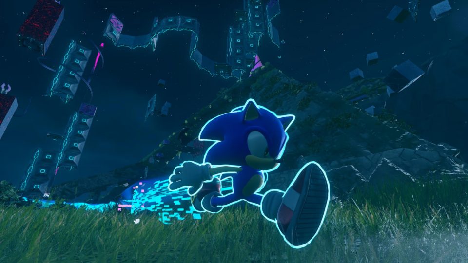 Sonic speeding through Kronos Island, highlighting the better draw distance in 'Definitive Edition'.