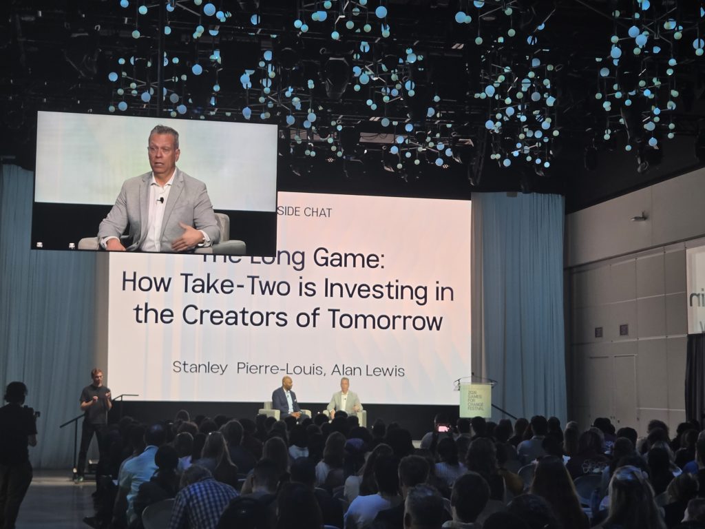 A picture that we taken during the Take-Two Keynote event that happened at the Games for Change event.