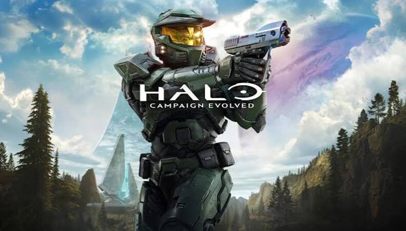 Master Chief holding a pistol in the campaign evolved logo art