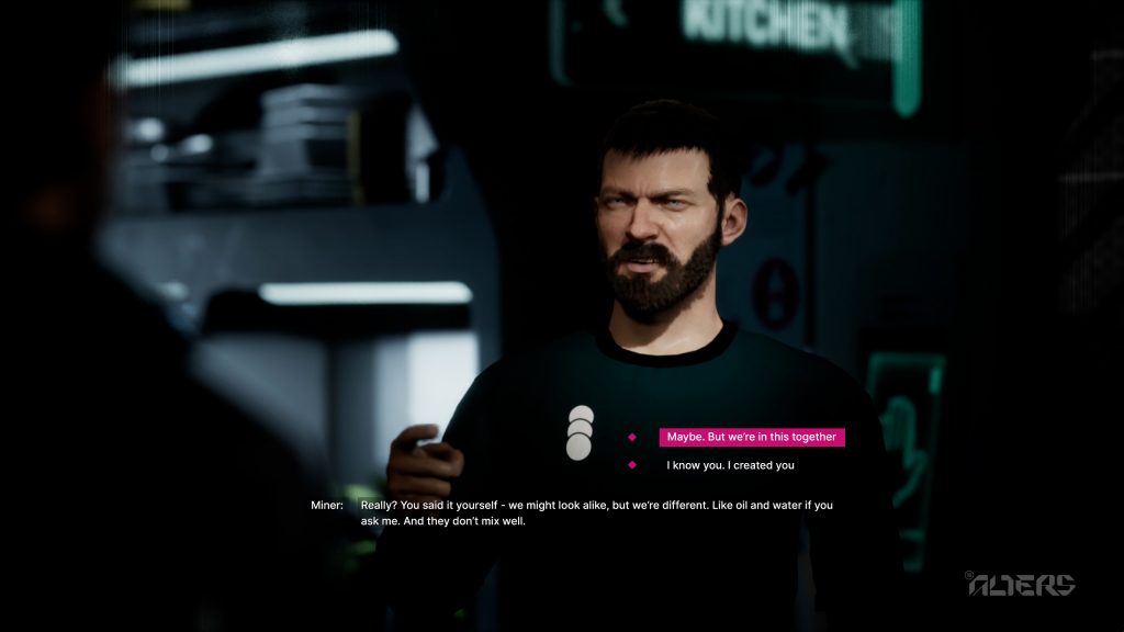 A screenshot of the dialogue gameplay in the game with multiple choices to change the direction of a conversation.