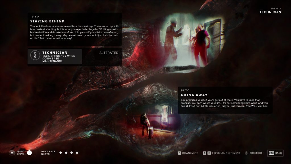 Screenshot of the branching decisions screen for exploring Jan's history and potential Alters