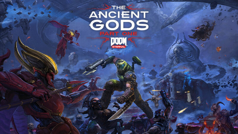 Doomguy fighting enemies on the ancient gods banner