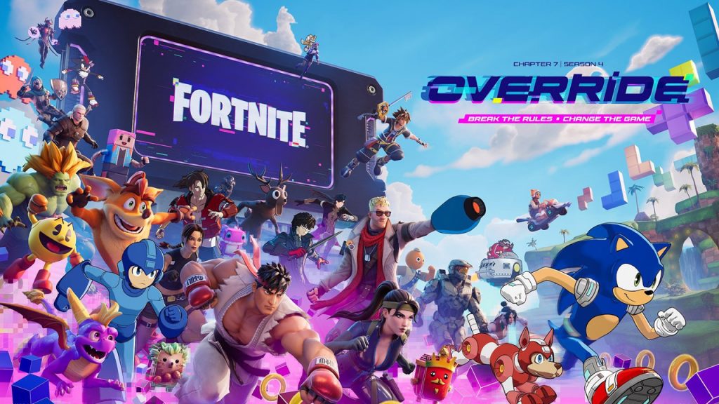 Key art for Fortnite's Override event, taking place during Chapter 7, Season 4. It includes iconic characters, like SEGA's, Sonic, Capcom's Mega Man, Atlus' Joker, and Disney/Square Enix's Sora.