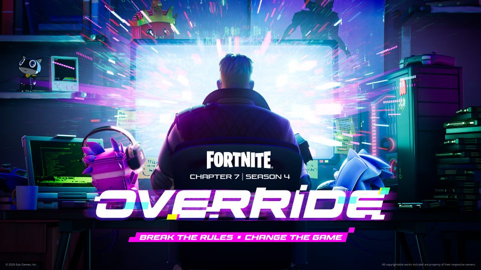 Key art of the protagonist of Fortnite using a computer, getting ready to for the Override event. Background elements feature cameos of SEGA's Sonic and Atlus' Morgana.