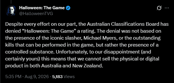 Halloween Tweet about being banned in Australia
