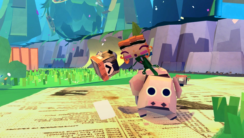 Aota riding on a pig in the Orchards in 'Tearaway' on PS Vita.