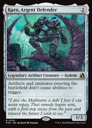 Karn form the magic the gatheirng world standing on a obelisk