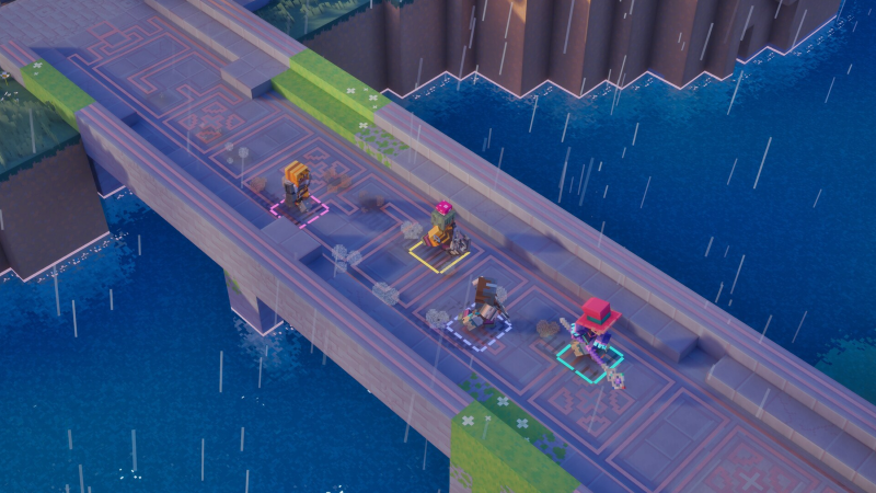 Multiplayer shot of 4 players on a bridge in Minecraft Dungeons 2