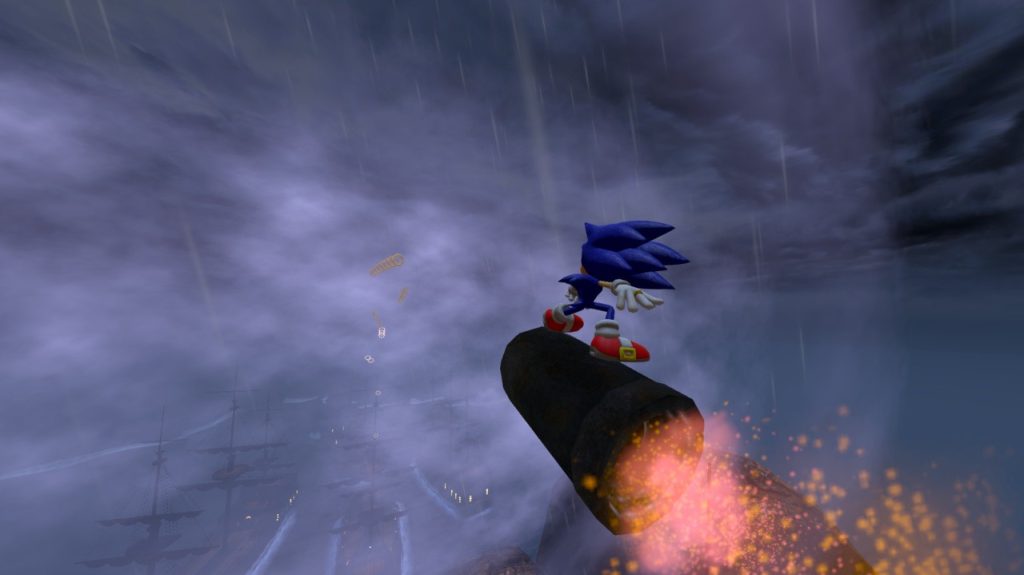 Sonic riding in the sky on a missile in Pirate Storm.