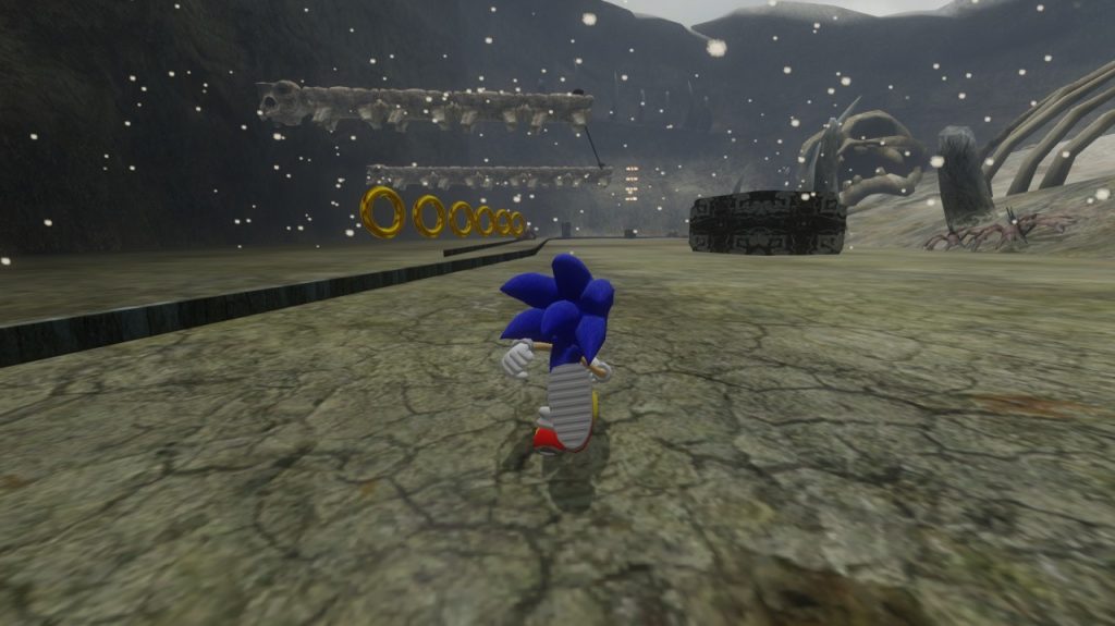 Sonic speeding across the ash-filled skies of Skeleton Dome.