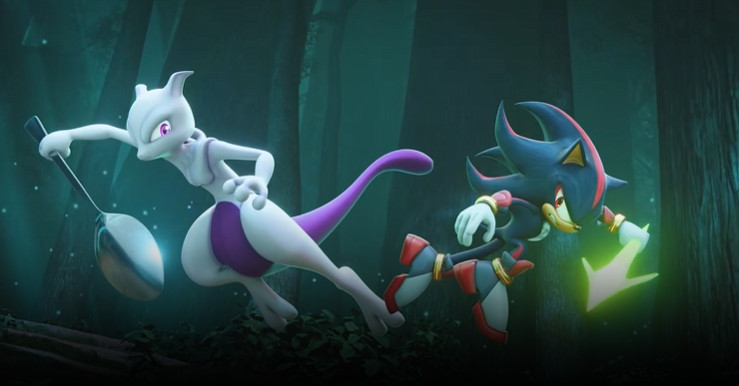 Shadow and Mewtwo clash using a Chaos Spear and a large spoon.