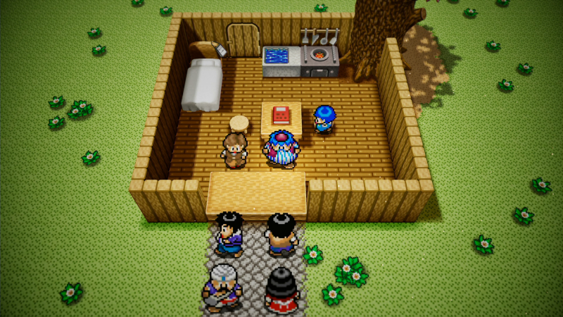 Dragon Quest Heroes Torneko outside near a home with a bed