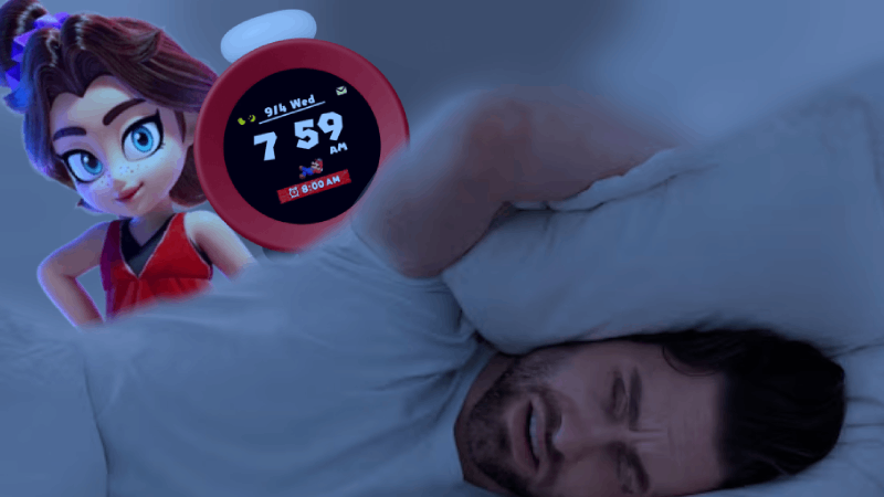 A Man in bed Pulls A Pillow Over His Head While Pauline From Donkey Kong Bananza and a Nintendo Alarmo creep behind him