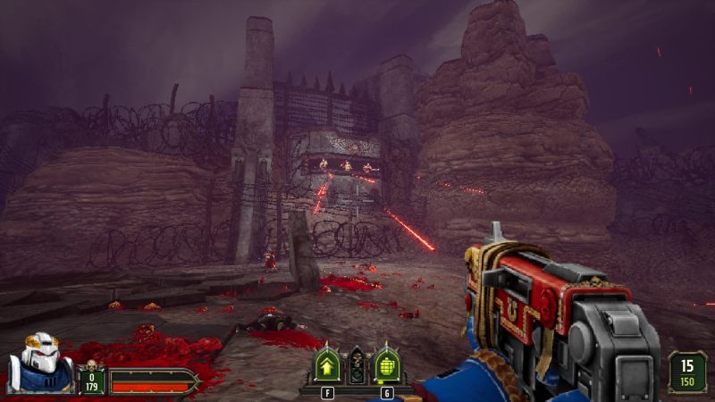 Boltgun 2 shooting enemies at enemies in pillbox