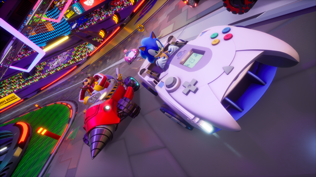 Sonic speeds across the crossroads using a Dreamcast-inspired car.