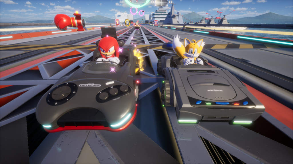 Tails and Knuckles driving in other SEGA console inspired cars.