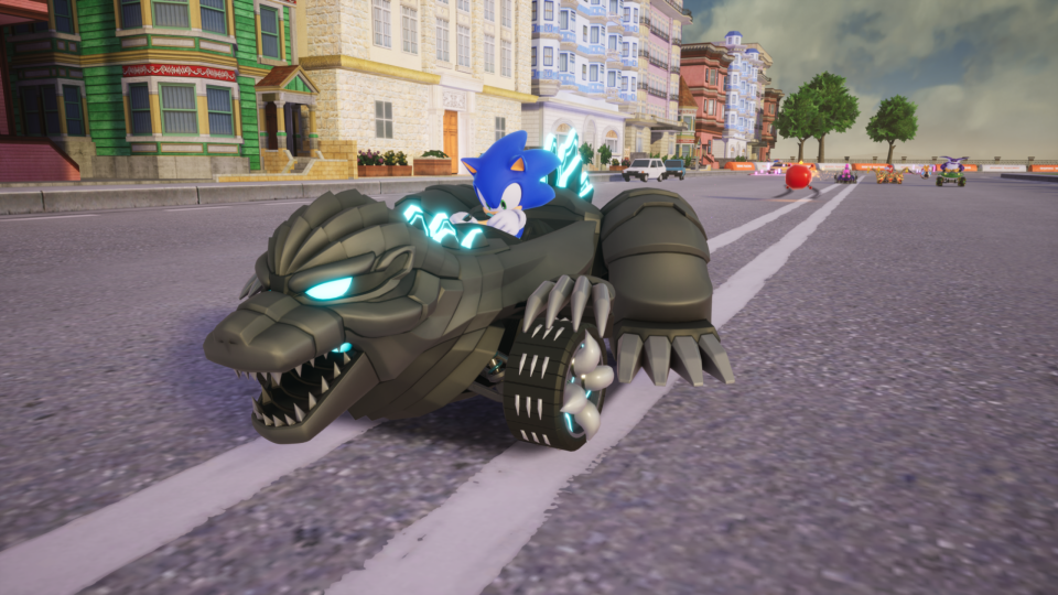 Sonic speed through the iconic City Escape zone with a Gozillia-inspired car.