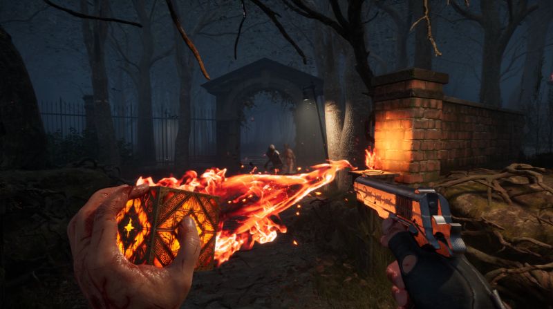 Hellraiser Revival fighting demon in cemetary with cube and pistol