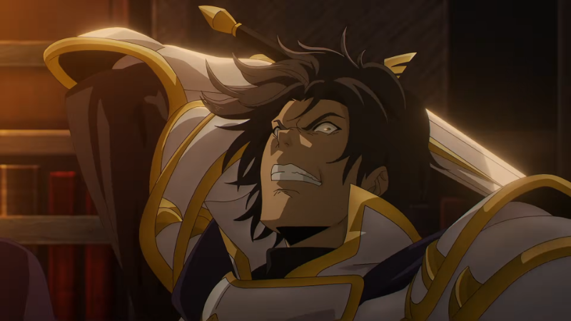An angry man in armor in the process of swinging a sword