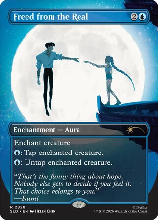 A cartoon man and woman grabbing for each others hands in front of the moon