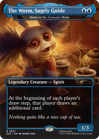 A weird looking worm spirit sitting at a table with cups o ftea