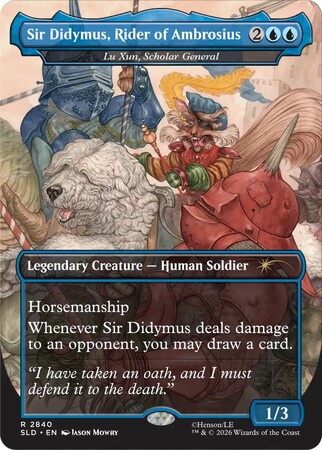 A weird looking happy man, a knight and his white fluffy dog