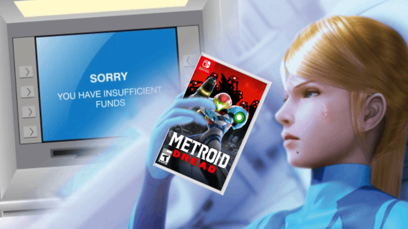 Samus Aran Holding A Copy Of Metroid Dread next to an ATM with an insufficient fund screen