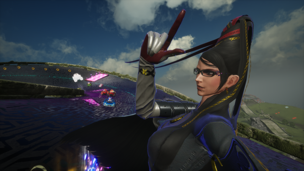 Bayonetta drives across Kronos Island in style.