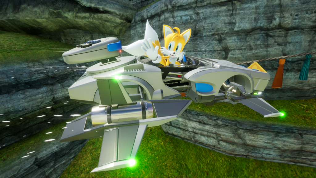 Tails flying high in a SEGA Saturn-inspired car.
