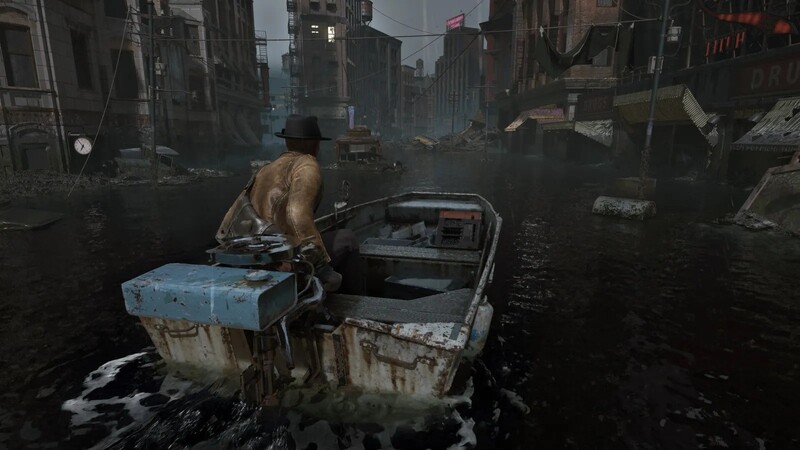 A guy in a boat going through water with debris all around