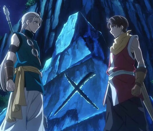 2 young guys Riou and Jowy standing in front of a rock they marked with an X