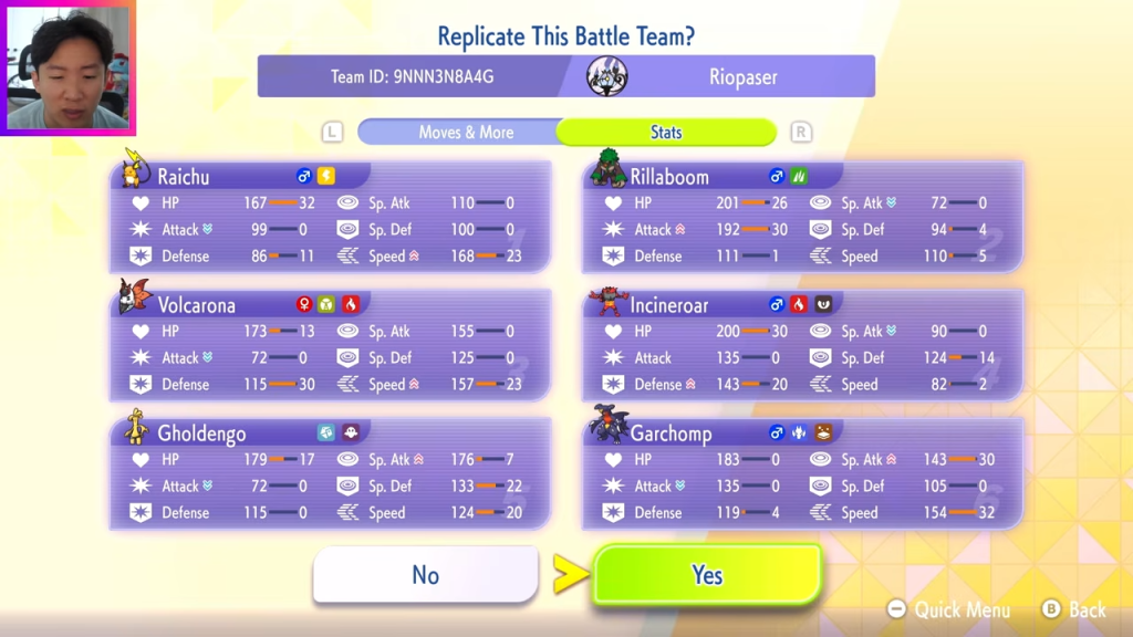 The pokemons teams list of stats