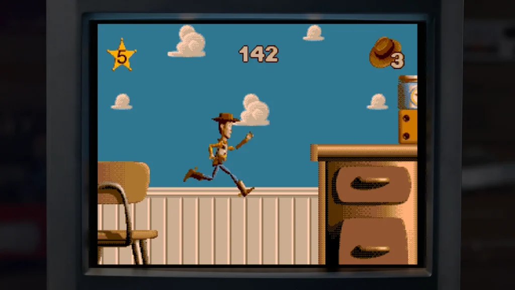 Woody running throughout Andy's Room in 'Toy Story' on the SEGA Genesis & Super Nintendo.