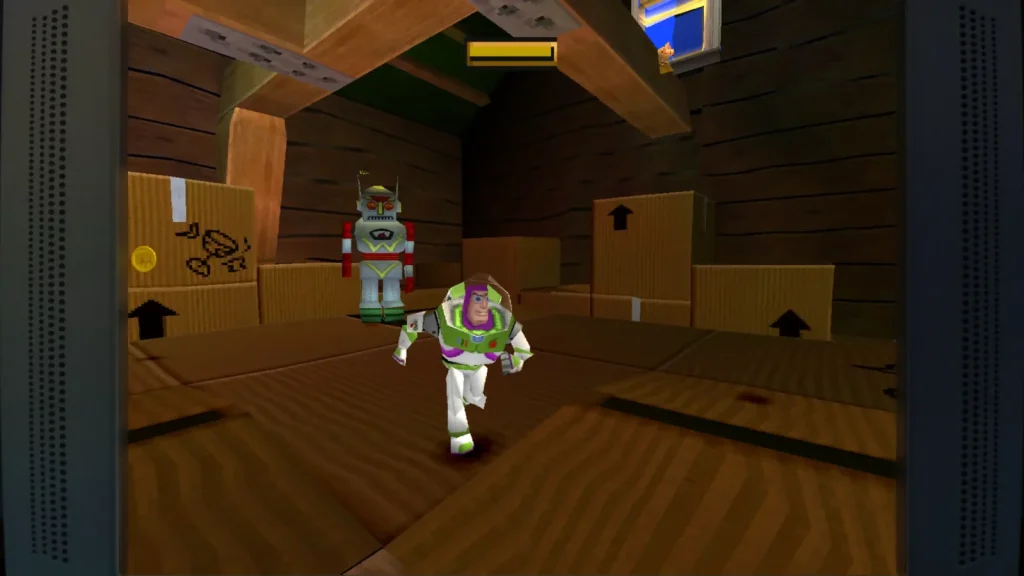 Buzz fighting one of several boss encounters in 'Toy Story 2: Buzz Lightyear to the Rescue'.