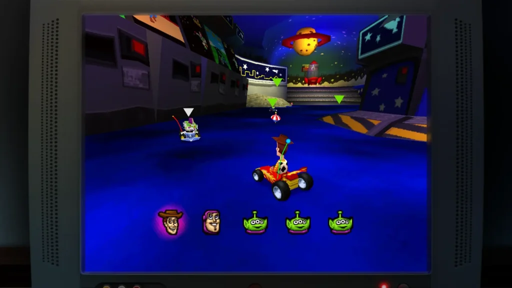 Woody and friends racing throughout Pizza Planet in 'Toy Story Racer'.