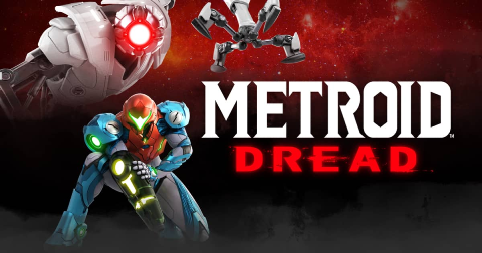 Metroid Dread Promo Art Featuring Samus Aran next to the Metroid Dread Logo with an E.M.M.I robot above her